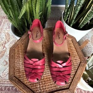 Clark's Red leather strappy Mary Jane kitten heel sandals with buckle detail